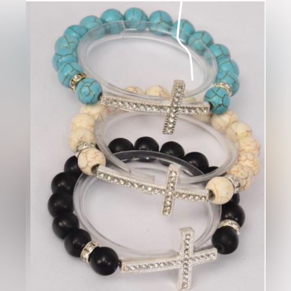 26111 ❤️ Three Pack Sideways Cross Semiprecious Stone Bracelets